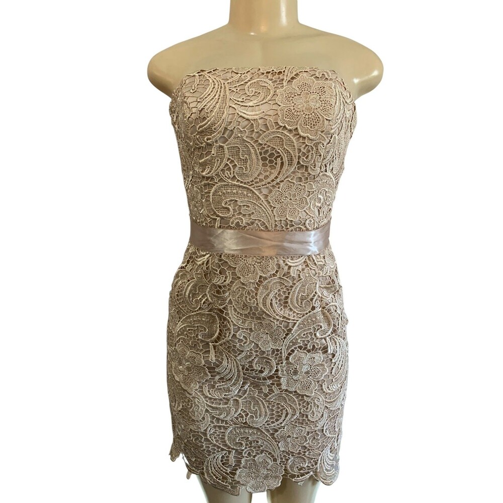 Adrianna Papell Dress Womens 2 Beige Strapless Lace Satin Bow Cocktail Formal
